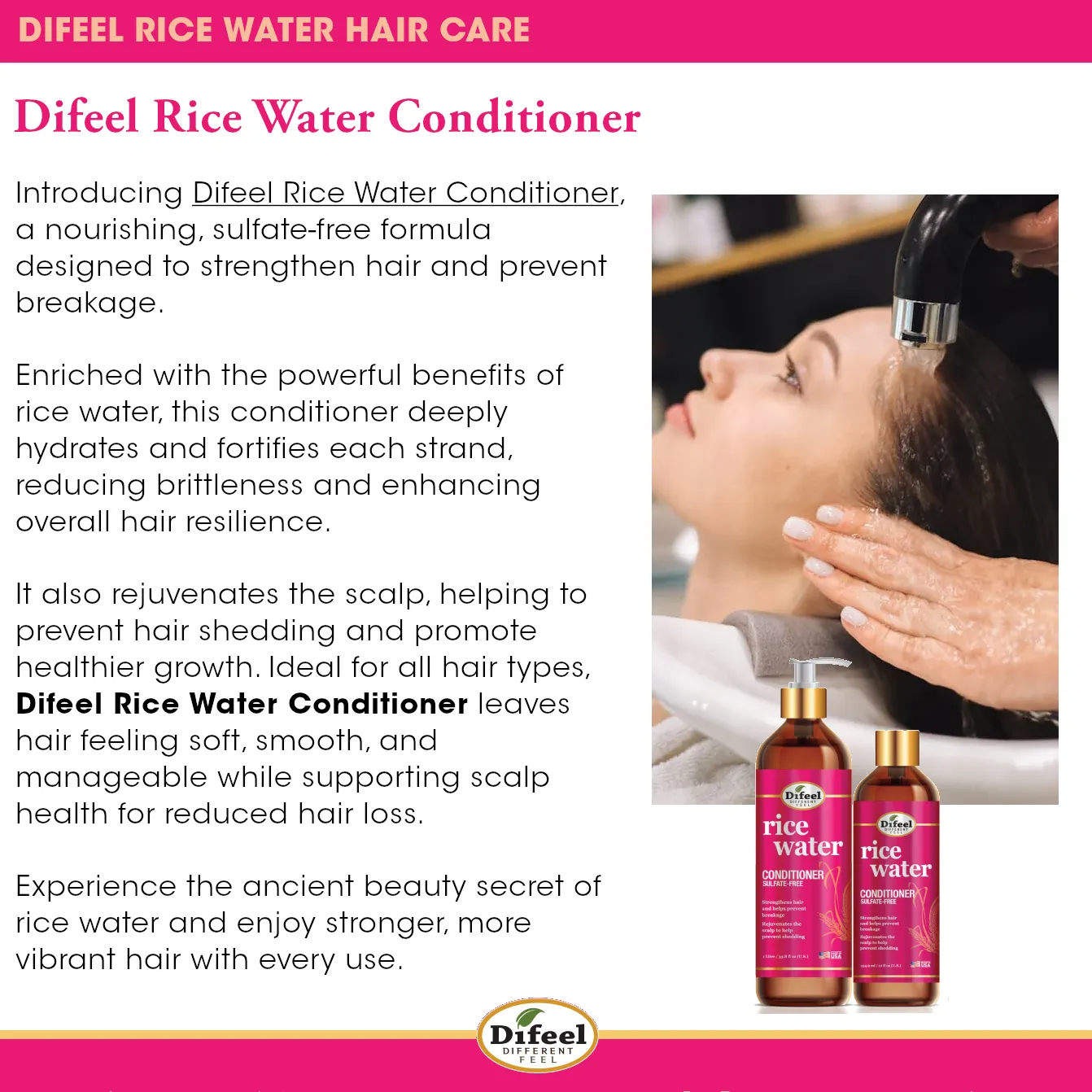 Difeel Rice Water Hair Care Ultimate Shampoo & Conditioner 6PC Set - Includes 33.8oz Shampoo, 33.8oz Conditioner, 12oz Hair Mask, 7.1oz Hair Oil, 7.1oz Root Stimulator & 8oz Leave in Spray