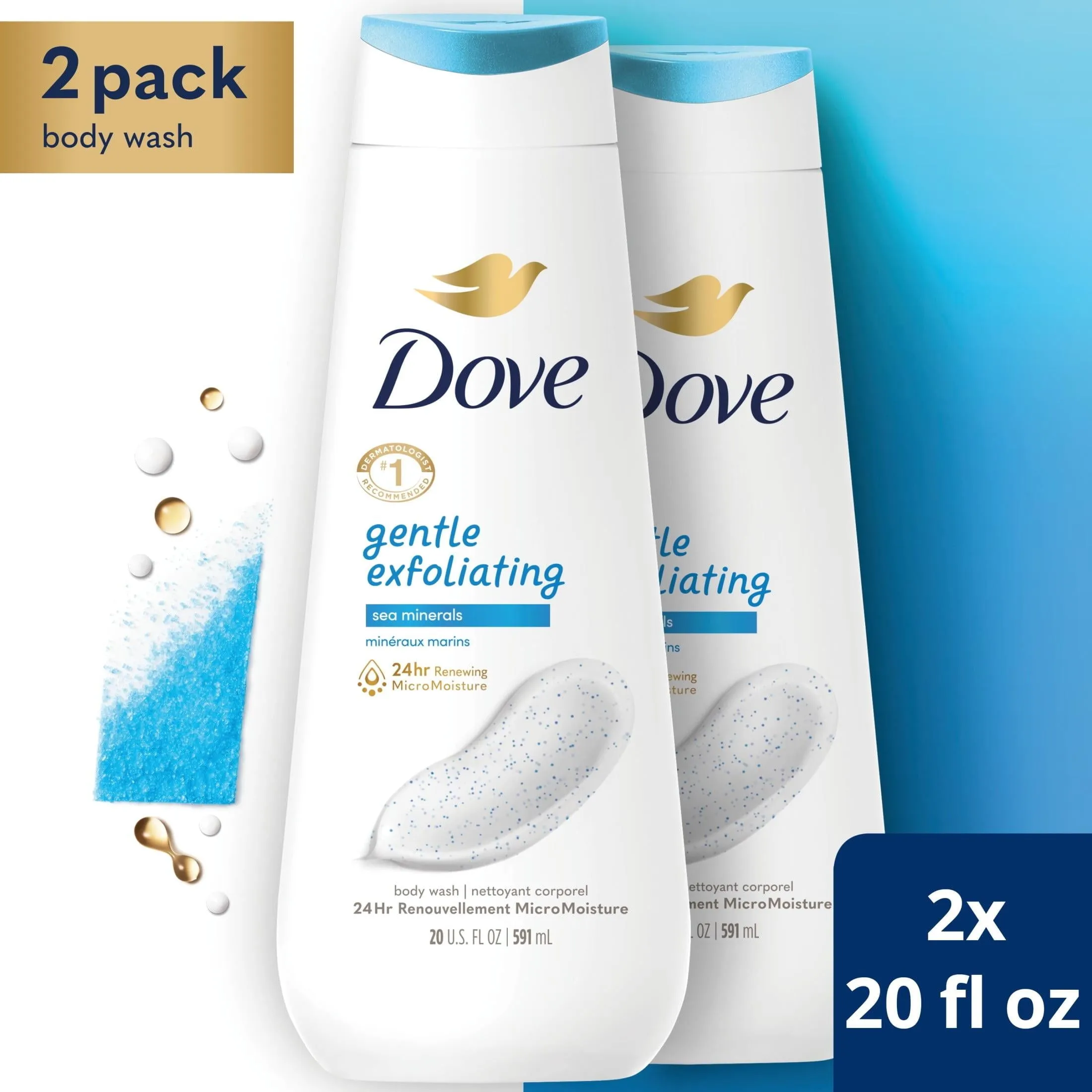 Dove Gentle Exfoliating Long Lasting Body Wash Twin Pack, Sea Minerals, 20 fl oz