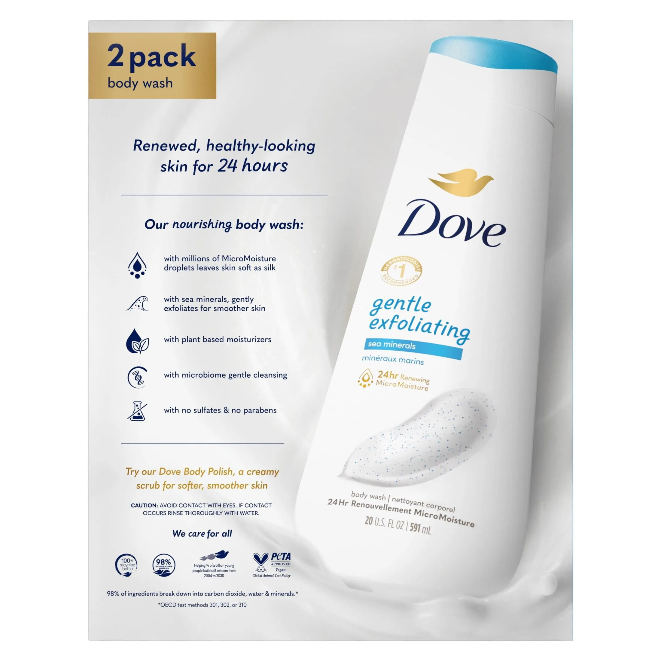 Dove Gentle Exfoliating Long Lasting Body Wash Twin Pack, Sea Minerals, 20 fl oz